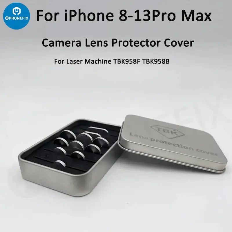 PHONEFIX TBK Laser Machine camera lens protector cover for iPhone 8-13 Pro Max, durable screen tool for lens protection.