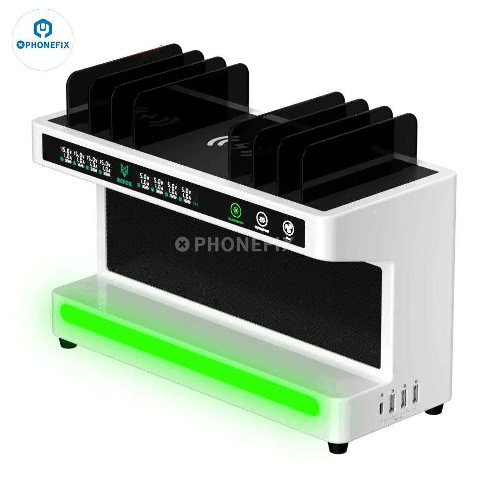 Refox DF-40 dust removal workbench for lighting, repairing, and UV curing, with screen tools from PHONEFIX.