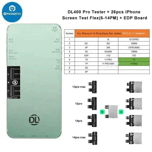PhoneFix DL400 Pro iTestBox touch screen tester for iPhone 6 to 16 Plus, showing the device's display and testing interface.