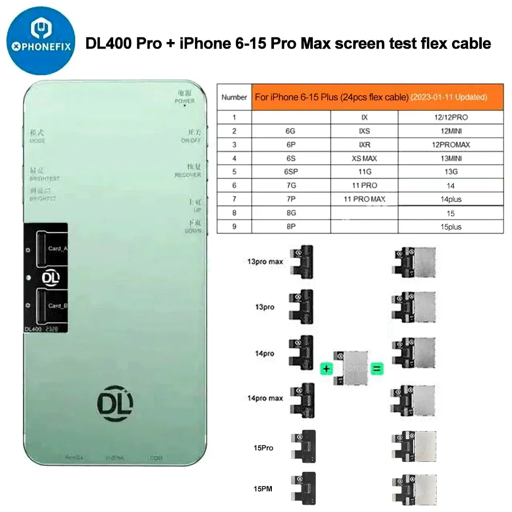 PhoneFix DL400 Pro iTestBox touchscreen tester for iPhone 6 to 16 Plus, with display screen and control buttons visible.