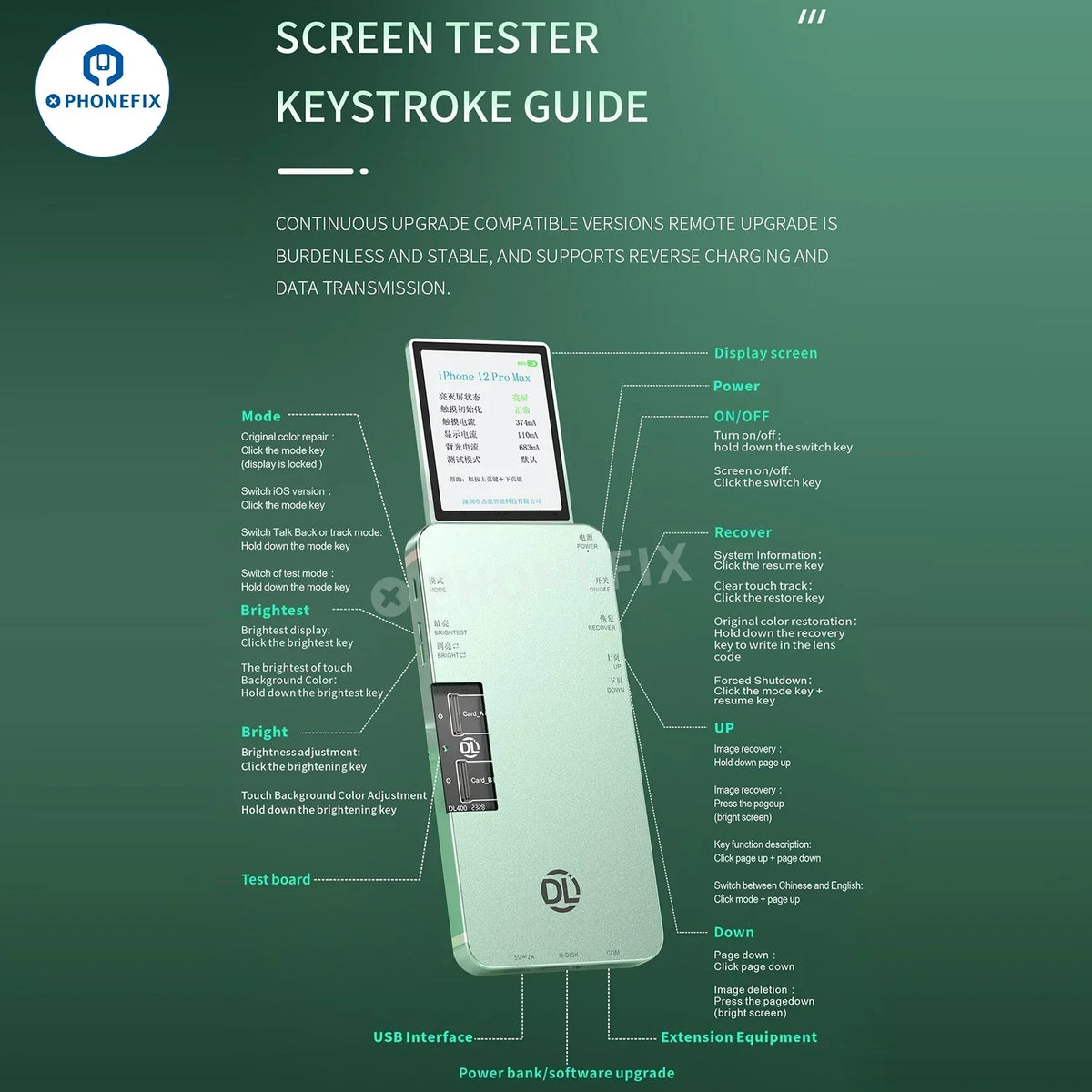 PhoneFix DL400 Pro iTestBox touch screen tester for iPhone 6 to 16 Plus, displaying the device's touchscreen interface.
