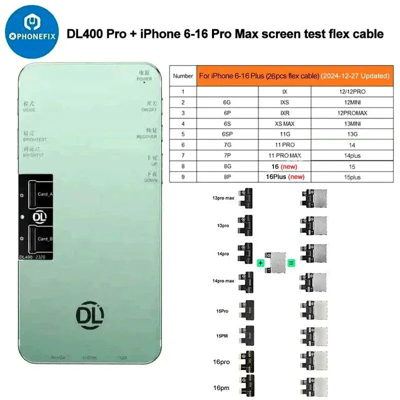 PHONEFIX DL400 Pro iTestBox touch screen tester for iPhone 6 to 16 Plus, showing the device display testing interface.
