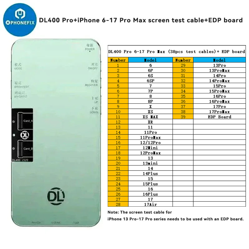 PHONEFIX DL400 Pro iTestBox touch screen tester for iPhone 6 to 16 Plus, showing the device and testing interface.