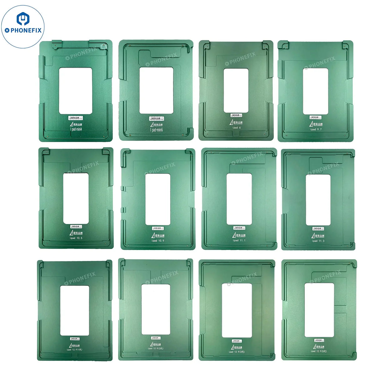 Set of 12 precision aluminium moulds for iPad broken screen repair, compatible with PHONEFIX screen tools.