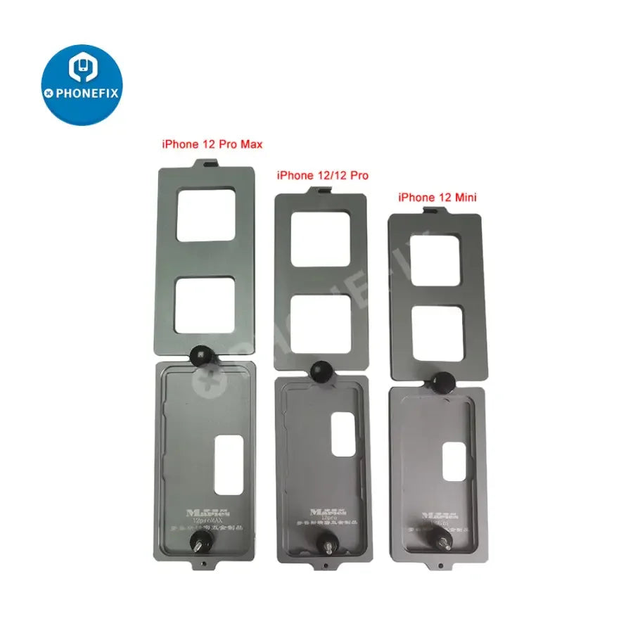 iPhone 12 Series LCD screen frame bezel pressure holding mold clamp by PHONEFIX, used for screen assembly and repair.