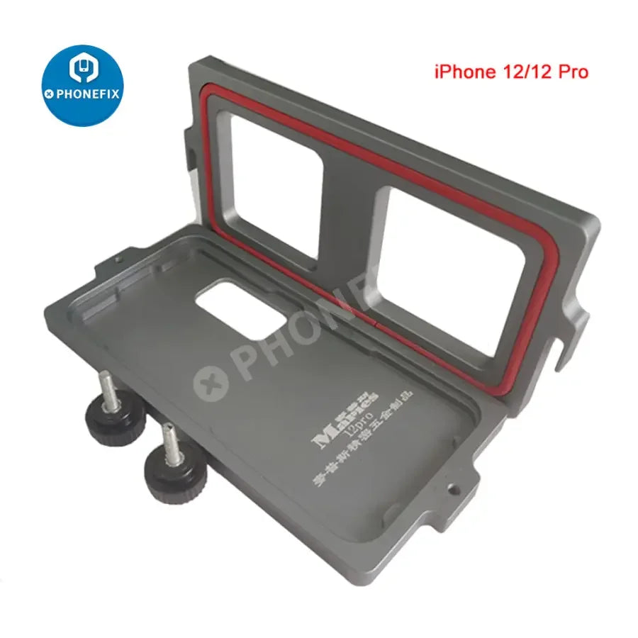 PhoneFix iPhone 12 series LCD screen frame bezel pressure mold clamp used for holding and securing screens during repair.