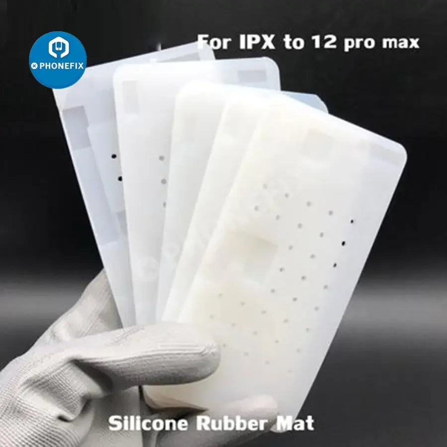 Silicone rubber mat pad for iPhone 12 Pro Max and XS cleaning, used with PHONEFIX screen tools for glue removal and screen maintenance.
