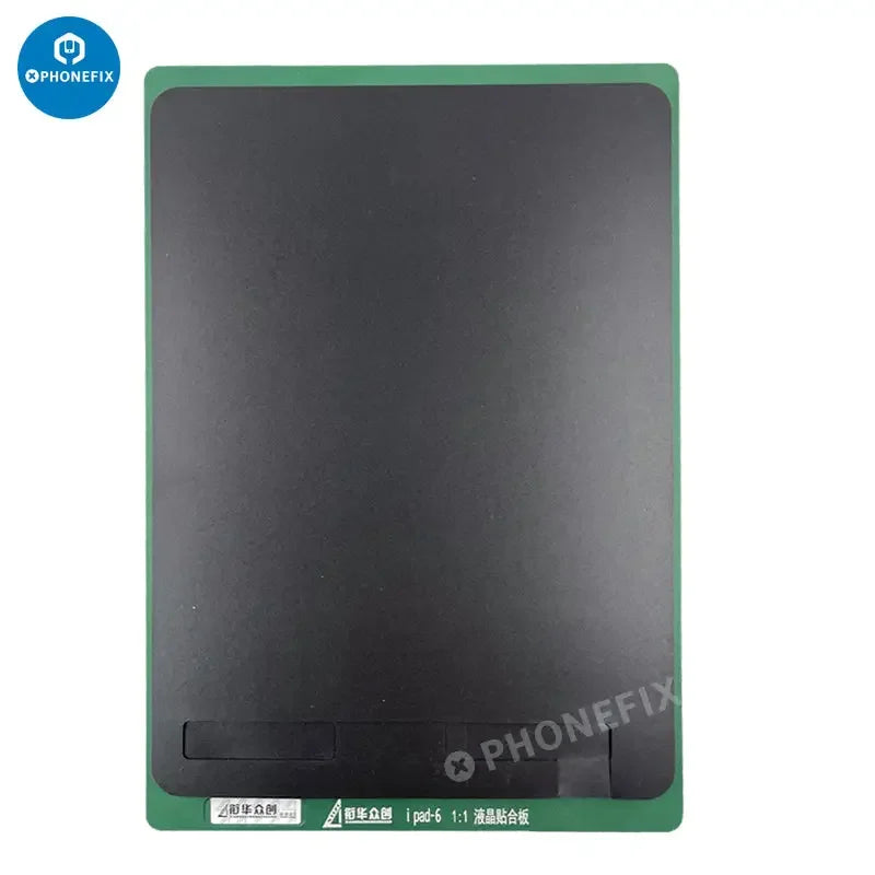 PhoneFix LCD screen alignment mold and laminating rubber mat for iPad Air series, used as screen tools for precise repair.