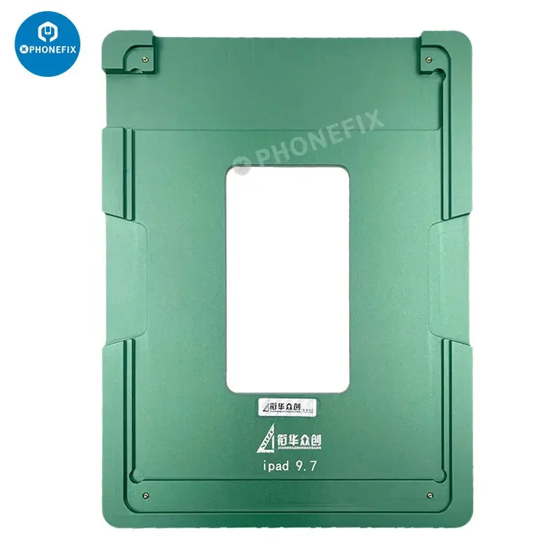 PhoneFix LCD screen alignment mold and laminating rubber for iPad 9.7 and 12.9 series, used as screen repair tools.