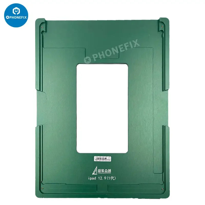 PHONEFIX LCD screen alignment mold and laminating rubber for iPad 9.7 and 12.9 series, used as screen repair tools.