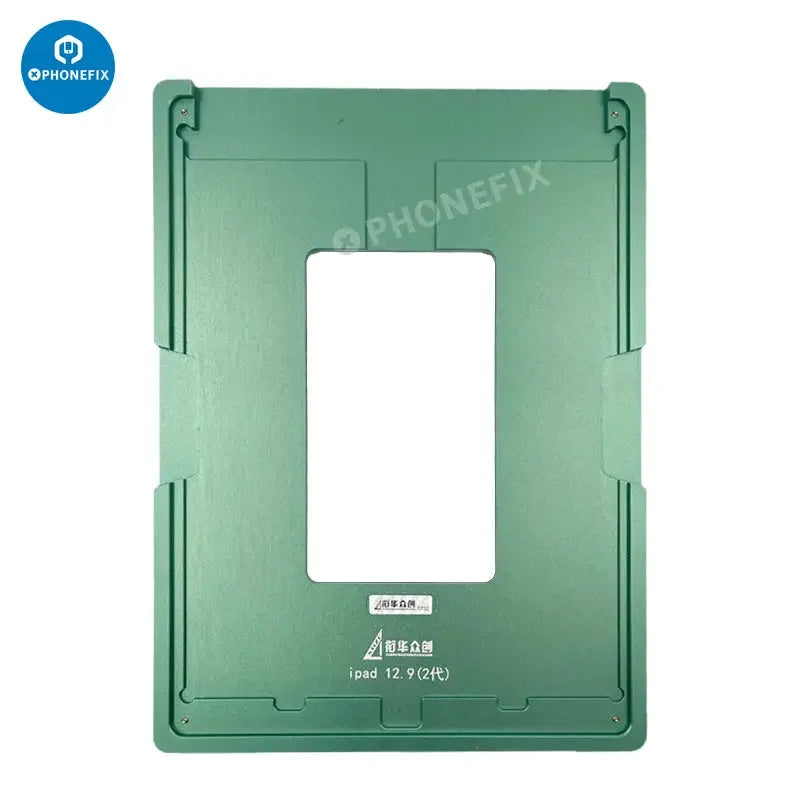 LCD screen alignment mold and laminating rubber for iPad 9.7 and 12.9 series by PHONEFIX, used for precise screen repair.