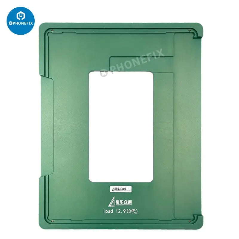 PHONEFIX LCD screen alignment mold and laminating rubber for iPad 9.7 and 12.9 series, used for screen assembly and repair.
