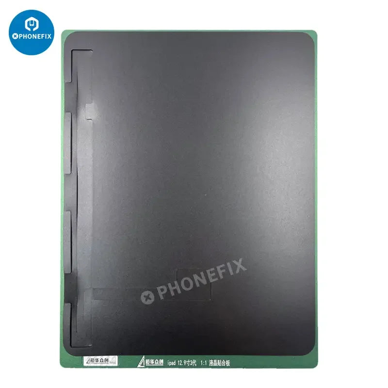 PhoneFix LCD screen alignment mold and laminating rubber tool for iPad 9.7 and 12.9 series, used for screen assembly and repair.