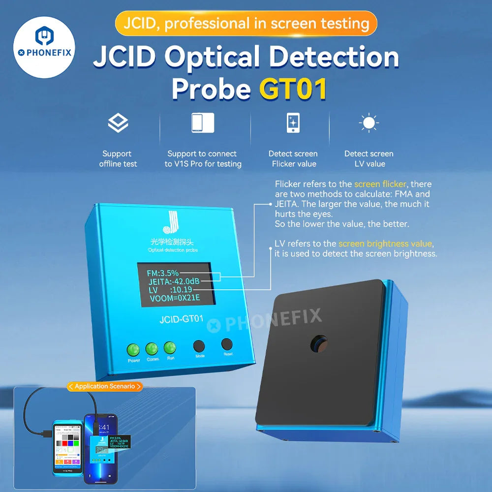 PHONEFIX JCID GT01 optical detection probe for screen flicker testing, with clear display and controls for accurate LV value measurement.