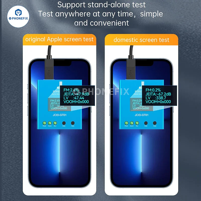 PhoneFix JCID GT01 optical detection probe testing screen flicker and LV value on a smartphone display.