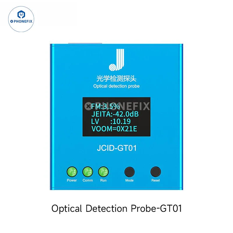 PHONEFIX JCID GT01 optical detection probe for screen flicker testing, featuring a compact handheld device with screen display.
