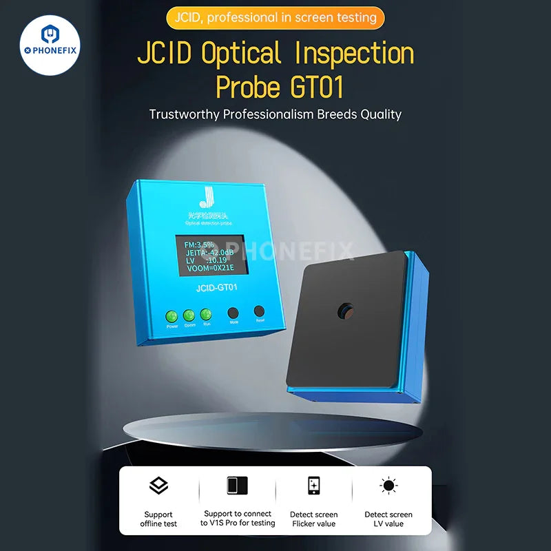 PHONEFIX JCID GT01 optical detection probe for testing screen flicker and LV values on device screens.