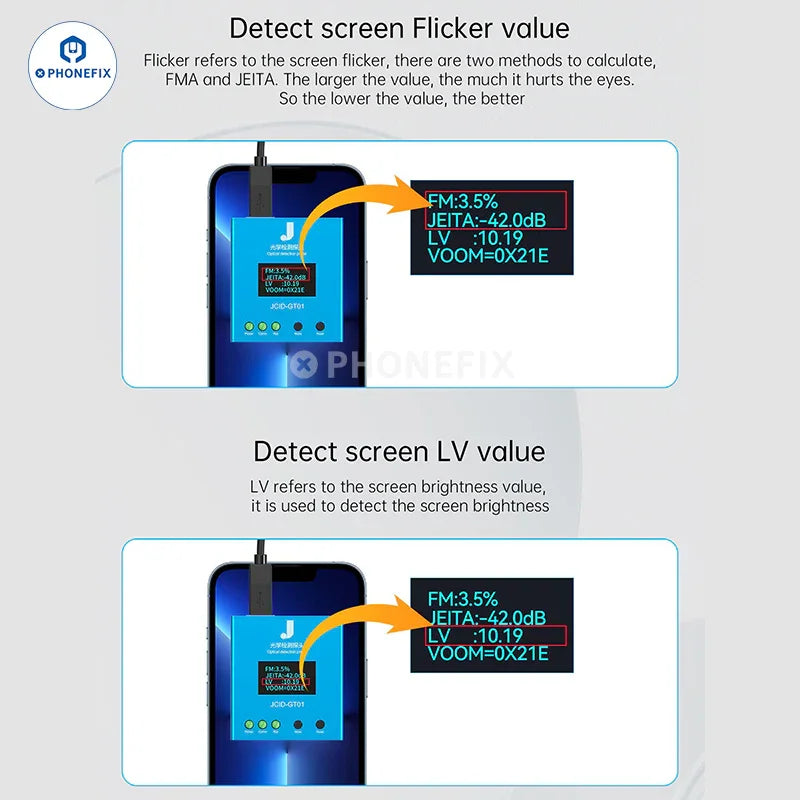 PHONEFIX JCID GT01 optical detection probe for screen flicker testing, with LV value display, used as a screen tool for smartphones.