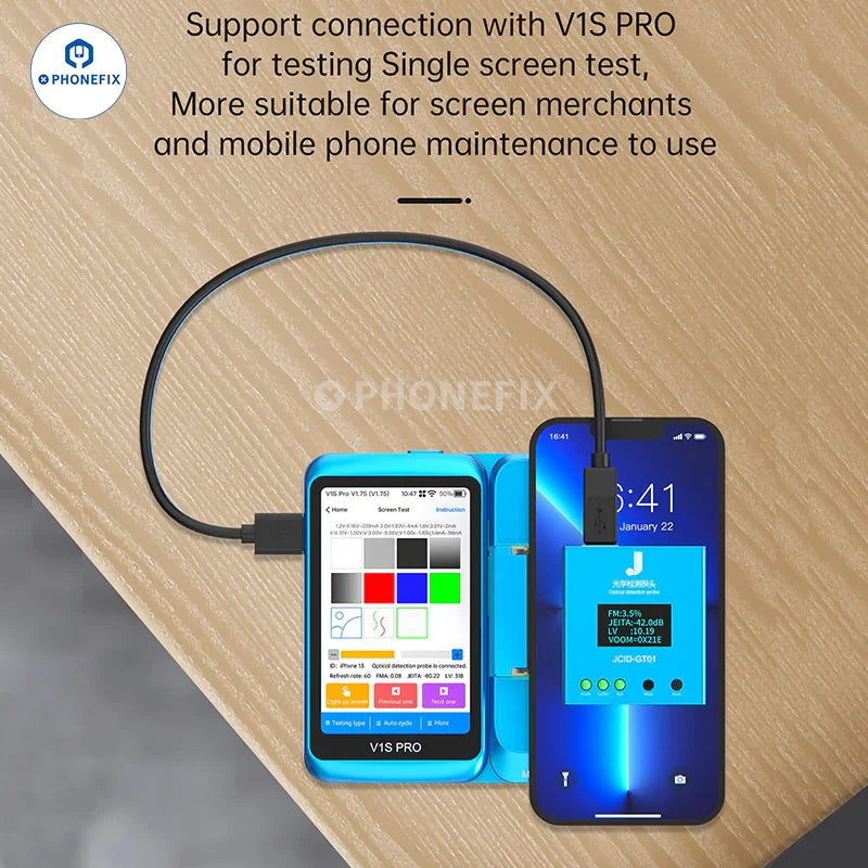 PhoneFix JCID GT01 optical detection probe testing screen flicker and LV value on a smartphone screen.