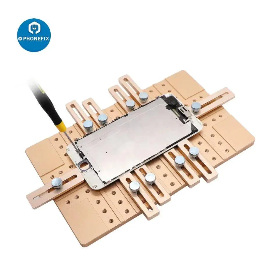 PhoneFIX LCD screen UV glue mold jig holder clamp for OCA laminating, used for precise phone screen assembly and repair.