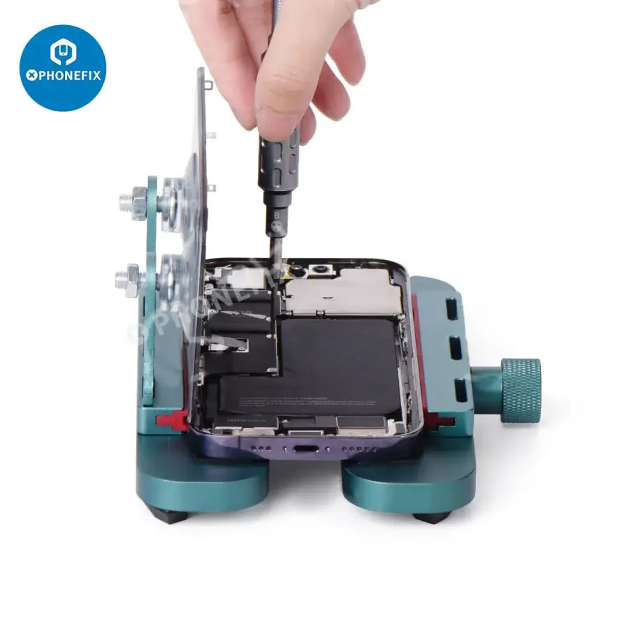 PHONEFIX cell phone repair stand holder for iPad and iPhone LCD screens, used as a screen repair tool.