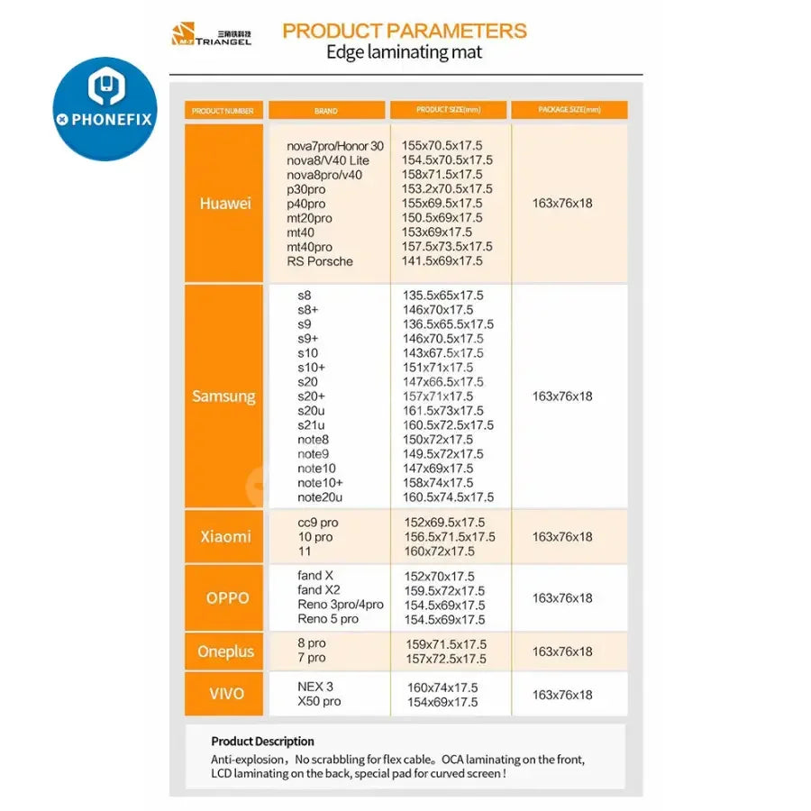 Original Edge Lamination Mat for Samsung and Huawei OCA screen repair, by PHONEFIX, used for precise screen assembly and repair.