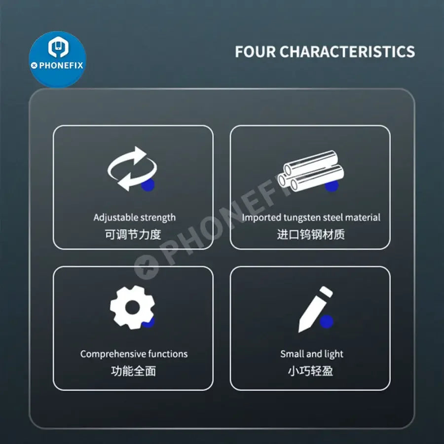 PhoneFix screen tool for removing back glass, fixture housing, and disassembling phone batteries in repair process.