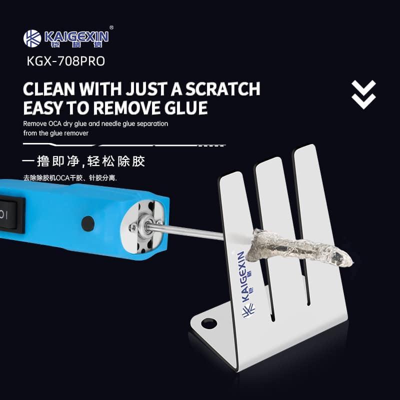 Hand-held electric OCA glue removal tool by PHONEFIX used for phone LCD screen repair, shown in use on a mobile device.