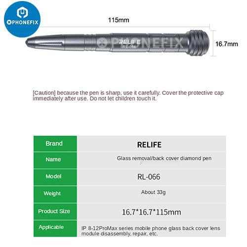 PHONEFIX RL-066 back cover frame blasting pen for iPhone 8-14 Pro Max repair, used as a screen tool for precise back cover removal.