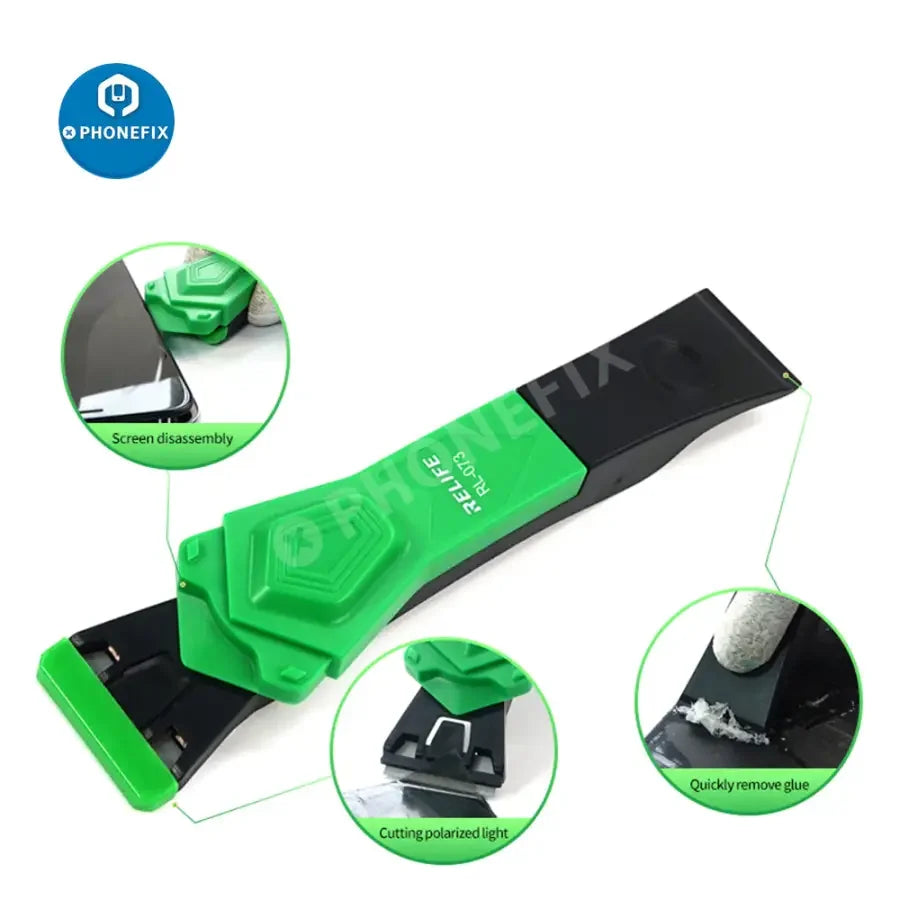 PhoneFix RL-073 multi-function shovel knife for screen tools, used for cutting film and removing OCA glue on mobile screens.