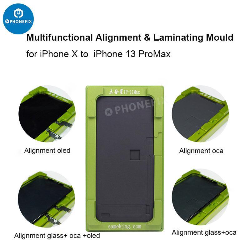 PHONEFIX alignment laminating mold for iPhone X to 16 Pro Max LCD OCA repair, used for screen assembly and repair.