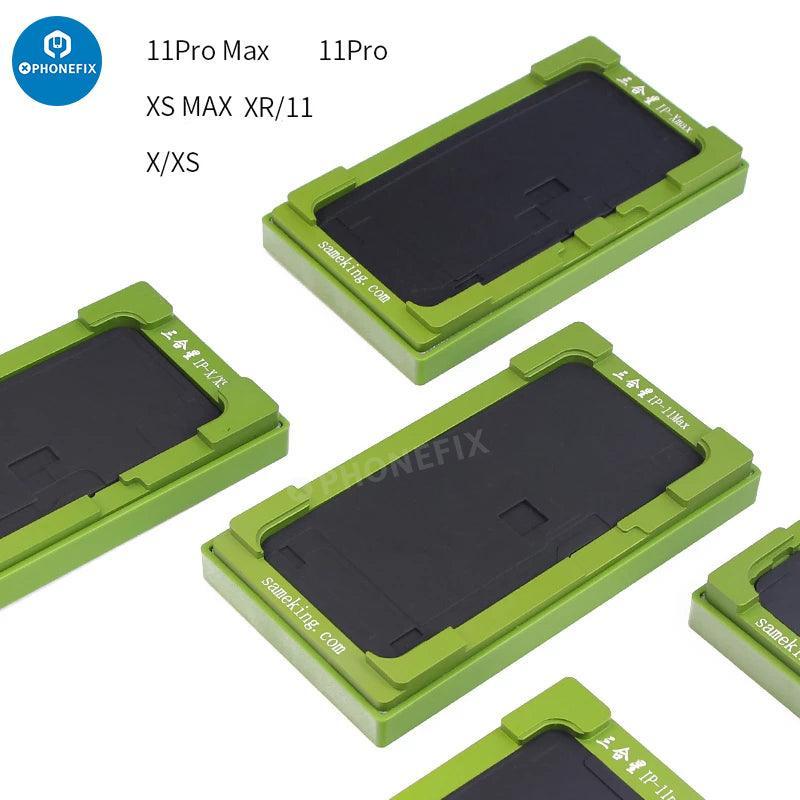 PHONEFIX alignment laminating mold for iPhone X to 16 Pro Max LCD OCA repair, used as screen tools for precise screen assembly.