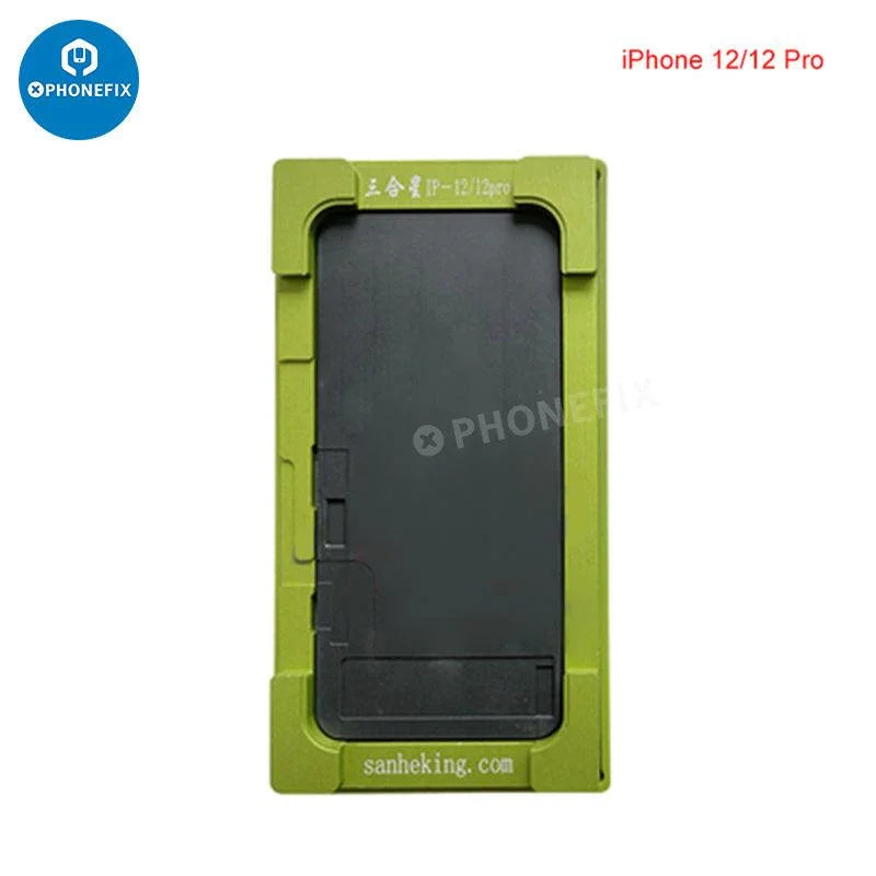 PHONEFIX alignment laminating mold for iPhone X to 16 Pro Max LCD OCA repair, screen tools for precise assembly and repair.