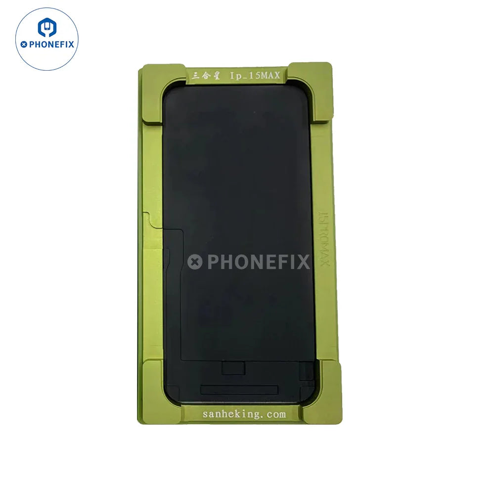 PHONEFIX alignment laminating mold for iPhone X to 16 Pro Max LCD OCA repair, showing precise screen tool for device assembly.