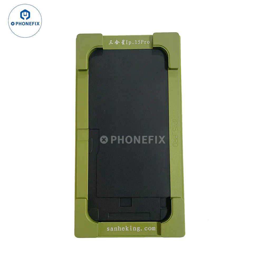 PHONEFIX alignment laminating mold for iPhone X to 16 Pro Max LCD OCA repair, showing precise screen tool design.