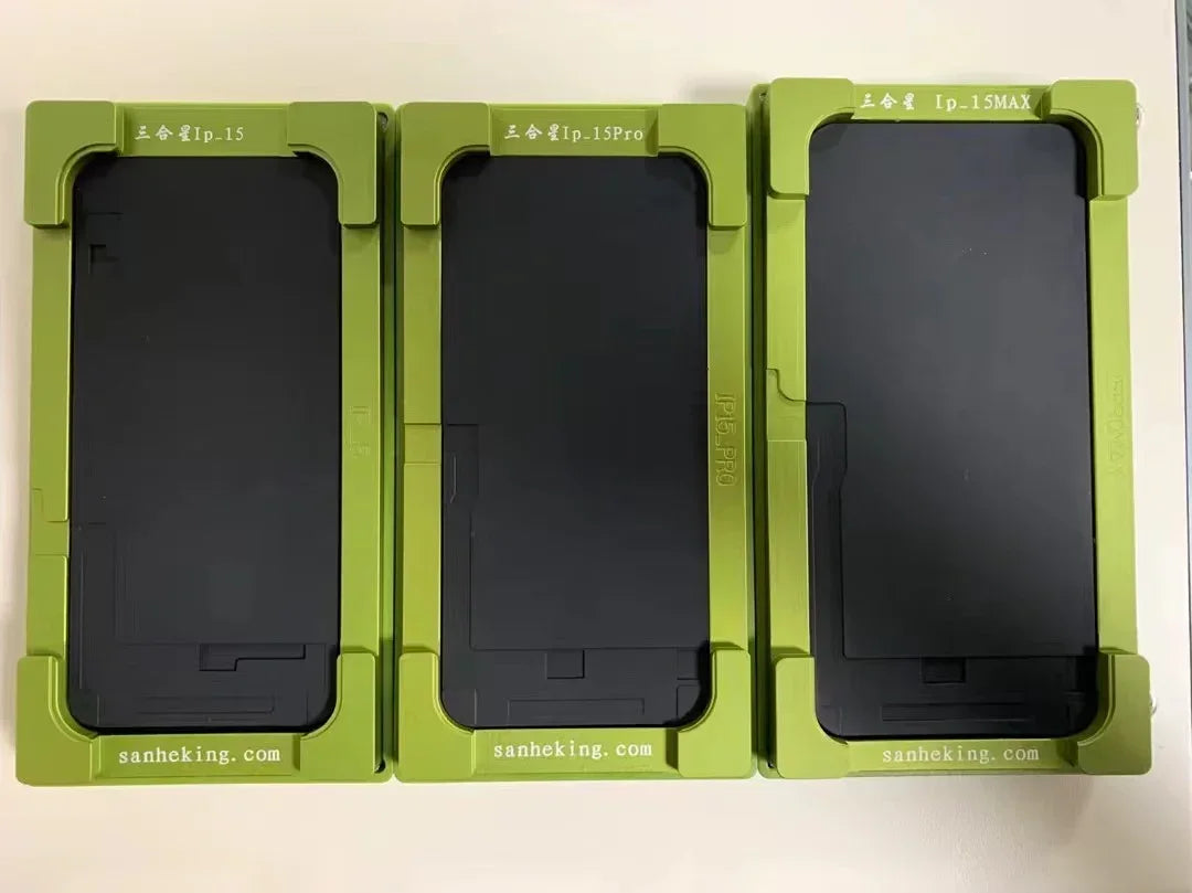 PHONEFIX lamination mold for iPhone X to 16 Pro Max screen alignment and refurbishing, showing precision tool with clear mold structure.