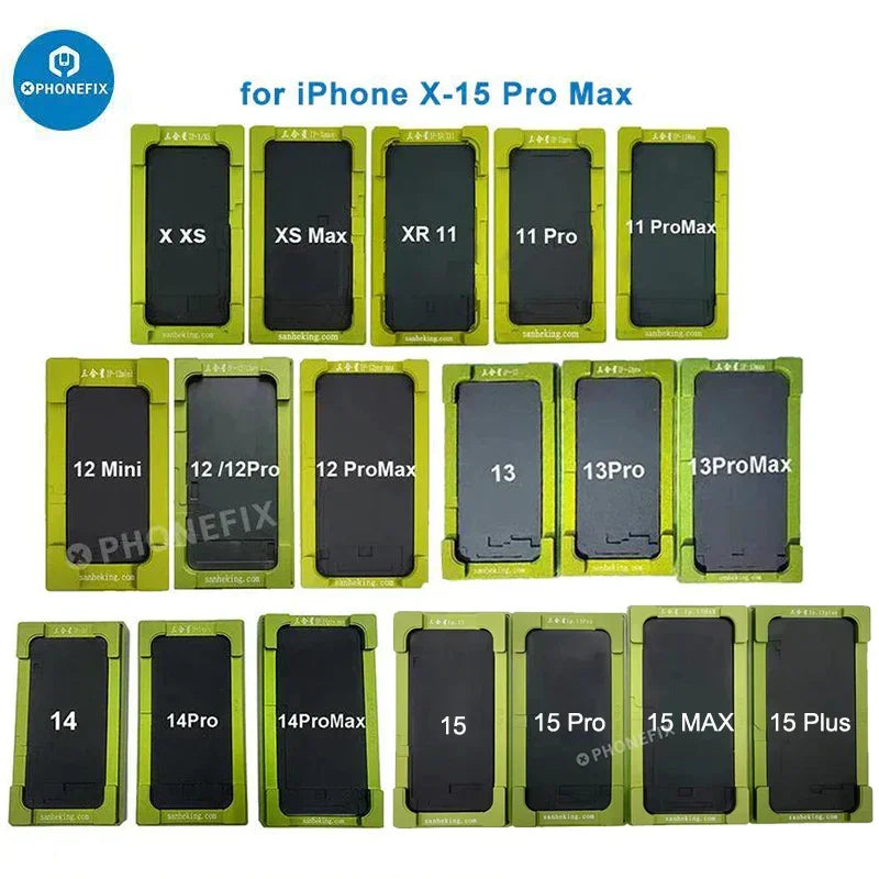 PHONEFIX lamination mold for iPhone X to 16 Pro Max screen alignment, used for refurbishing iPhone display screens.