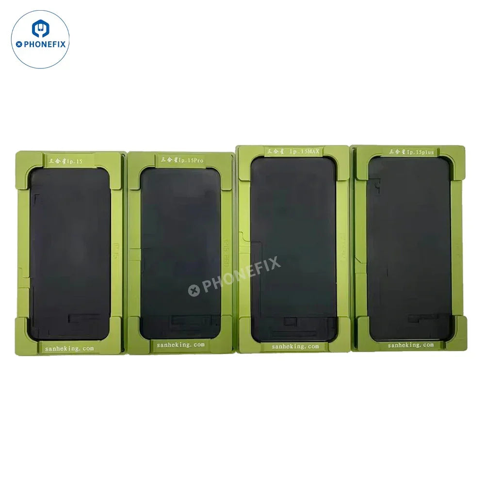 PHONEFIX lamination mold for iPhone X to 16 Pro Max screen alignment, used for refurbishing and screen repair.