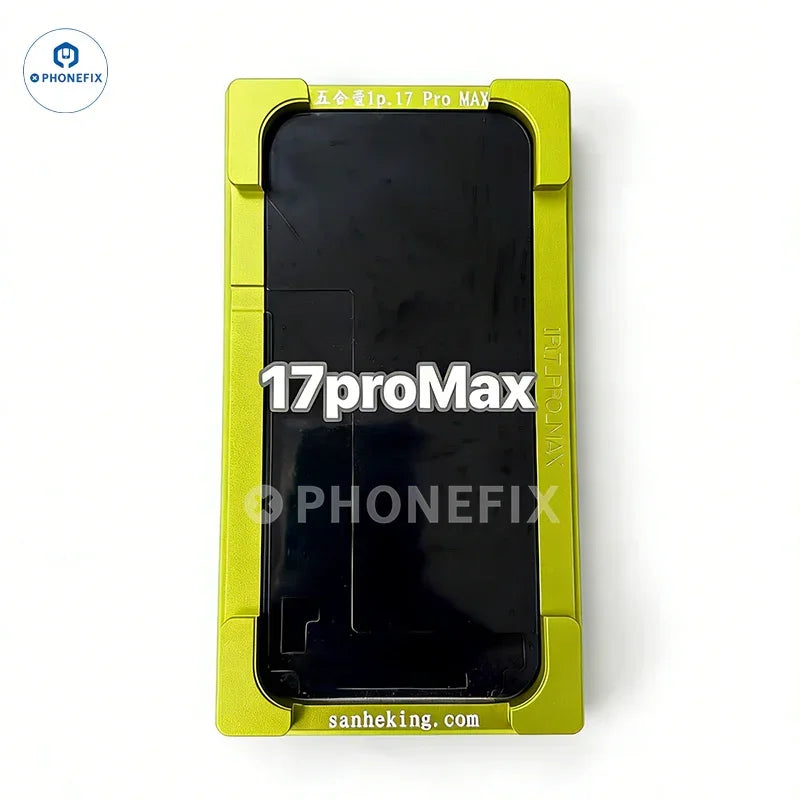 PHONEFIX iPhone screen lamination mold for X to Pro Max models, used for screen alignment and refurbishing repair tools.