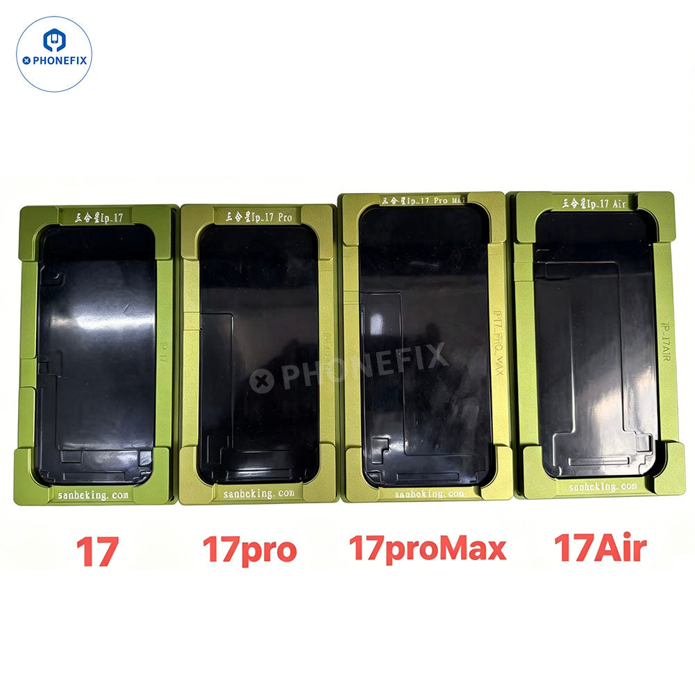 Lamination mold for iPhone X to 16 Pro Max screen alignment, used for refurbishing with PHONEFIX screen tools.