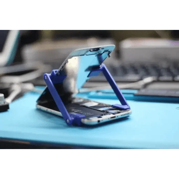 Two plastic adjustable fixture holders for phone disassembly tools by PHONEFIX, used for securely holding phone screens during repair.