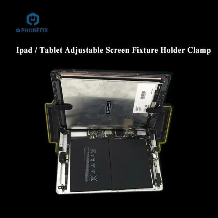 Two plastic adjustable fixture holders for phone disassembly, used as screen tools by PHONEFIX for secure phone repair.
