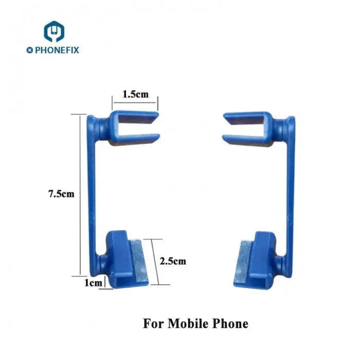 Two plastic adjustable fixture holders for phone disassembly, part of PHONEFIX screen tools for secure phone repair.