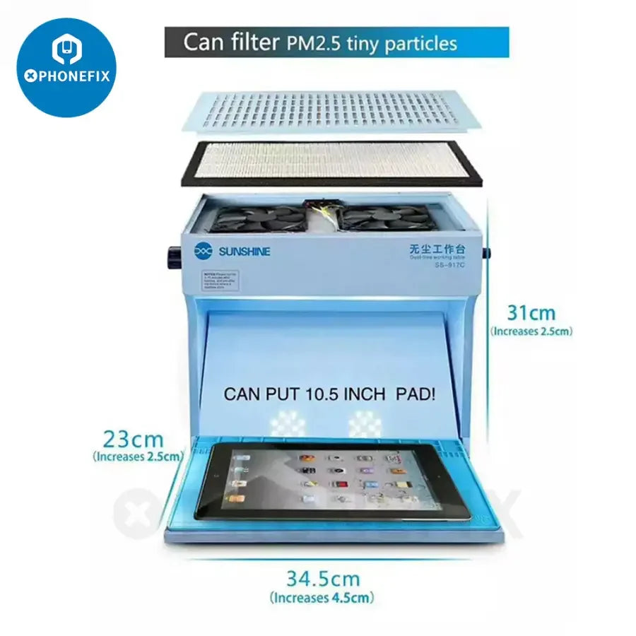 PhoneFix Sunshine SS-917C dust-free workbench for screen tool cleaning, featuring anti-dust surface and professional workstation setup.