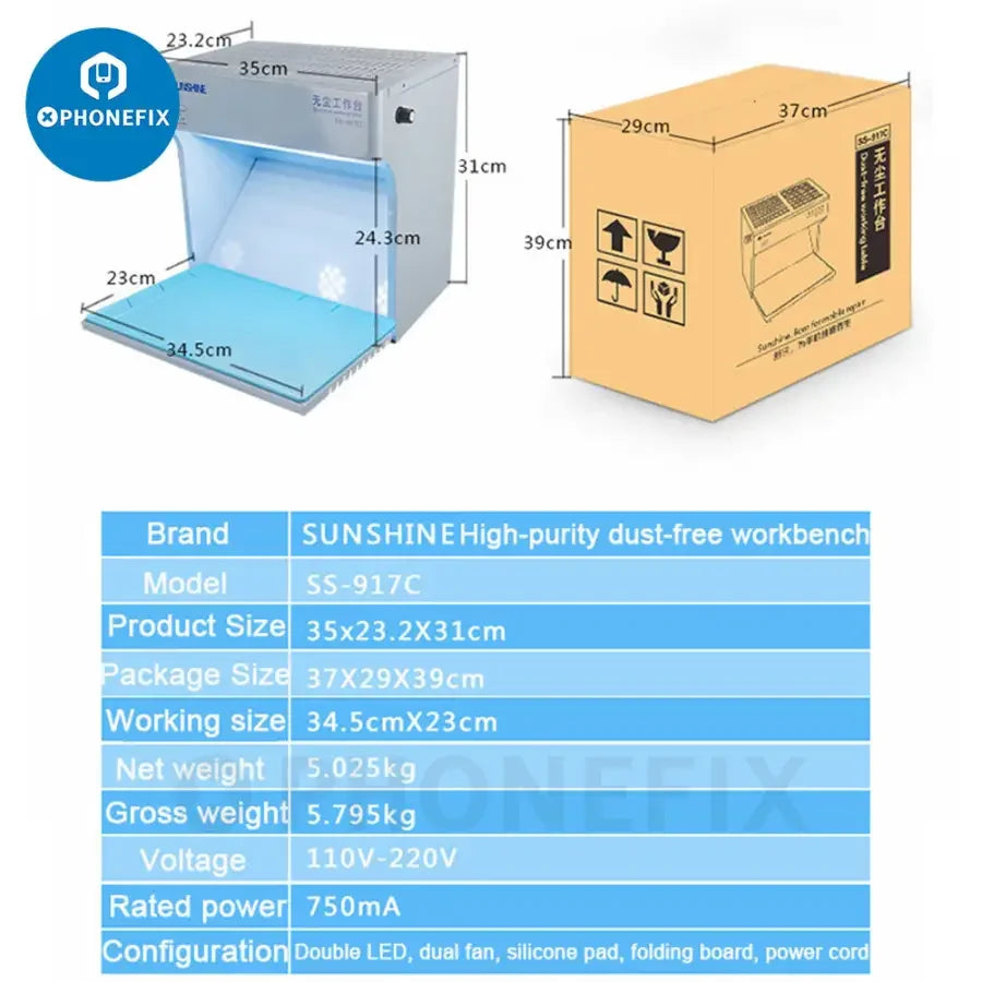 PhoneFix Sunshine SS-917C dust-free working table cleaning workbench with anti-dust screen tools for electronics cleaning.