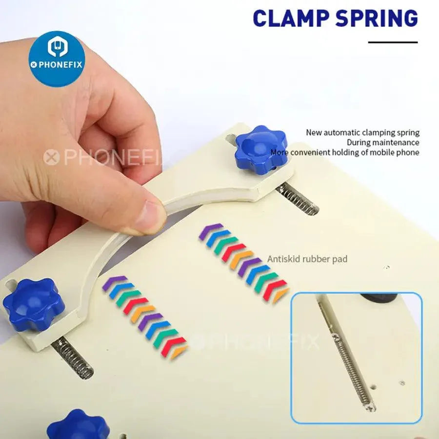 White PHONEFIX mechanic spring fixture holder for phone LCD screen positioning, part of screen tools for precise repair alignment.