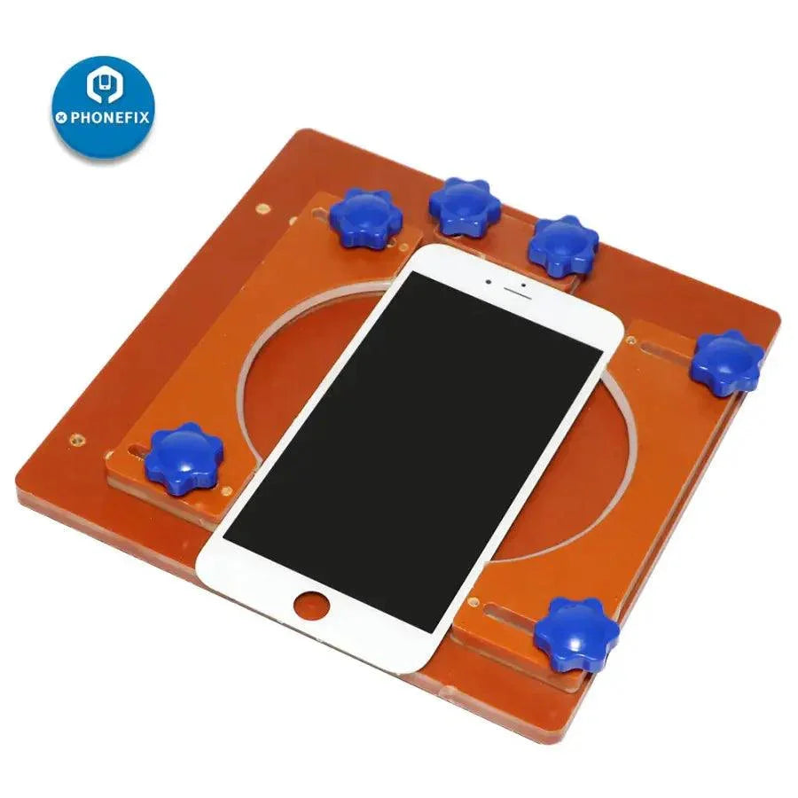 White PHONEFIX mechanic spring fixture holder for phone LCD screen positioning, used as a screen tool for precise assembly.