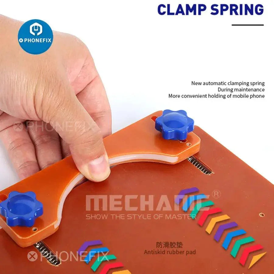White PHONEFIX mechanic spring fixture holder, LCD screen positioning jig for precise phone screen repair and alignment.