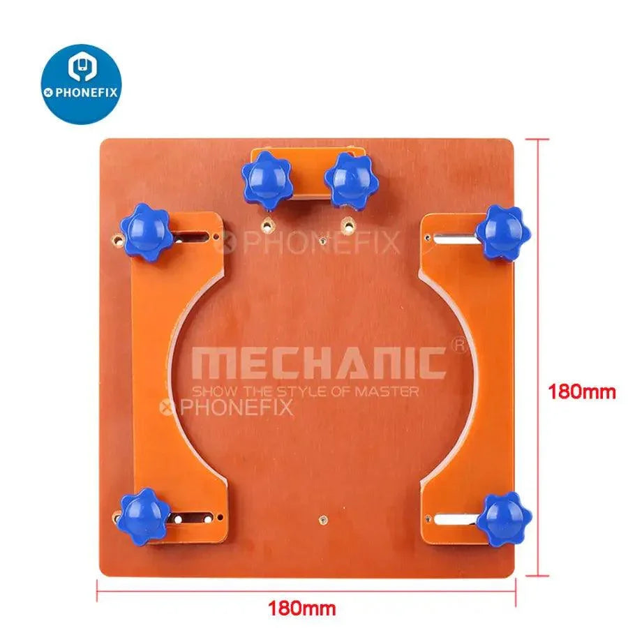 White PHONEFIX mechanic spring fixture holder for LCD screen positioning, used as a screen tool for precise phone repair.