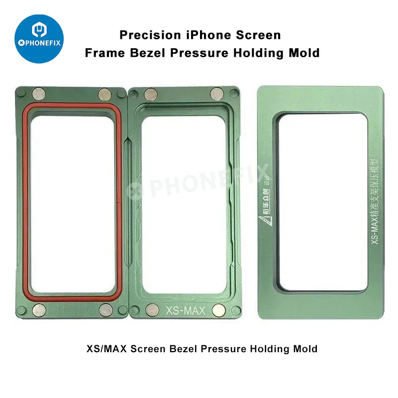 PHONEFIX screen frame bezel pressure holding mold for iPhone X to 16 Pro Max, used as a screen repair tool for precise bezel positioning.